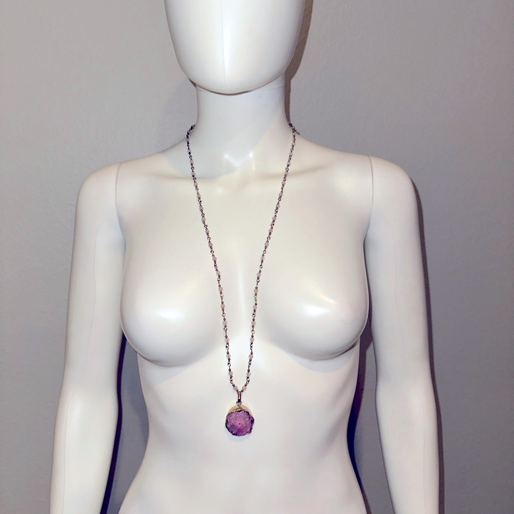 Designer handmade Anthropologie beaded agate long boho layering necklace
